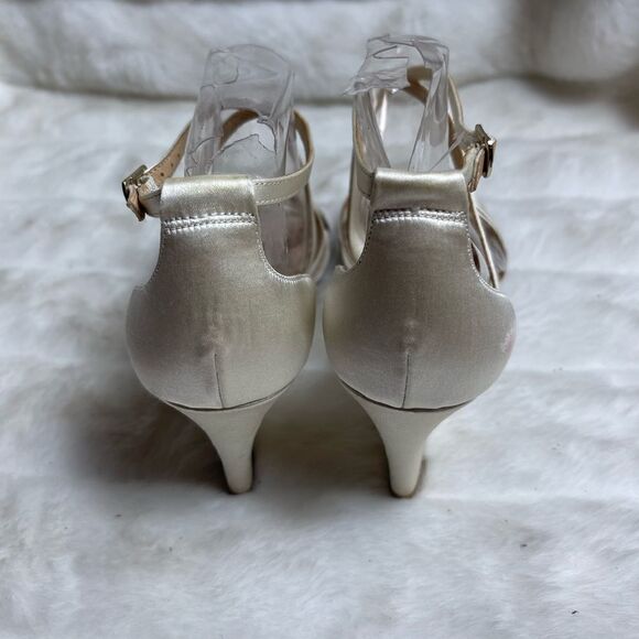 Bradley Mischka Satin Beige wedge ankle strap sandals size 7.5 - Picture 7 of 12